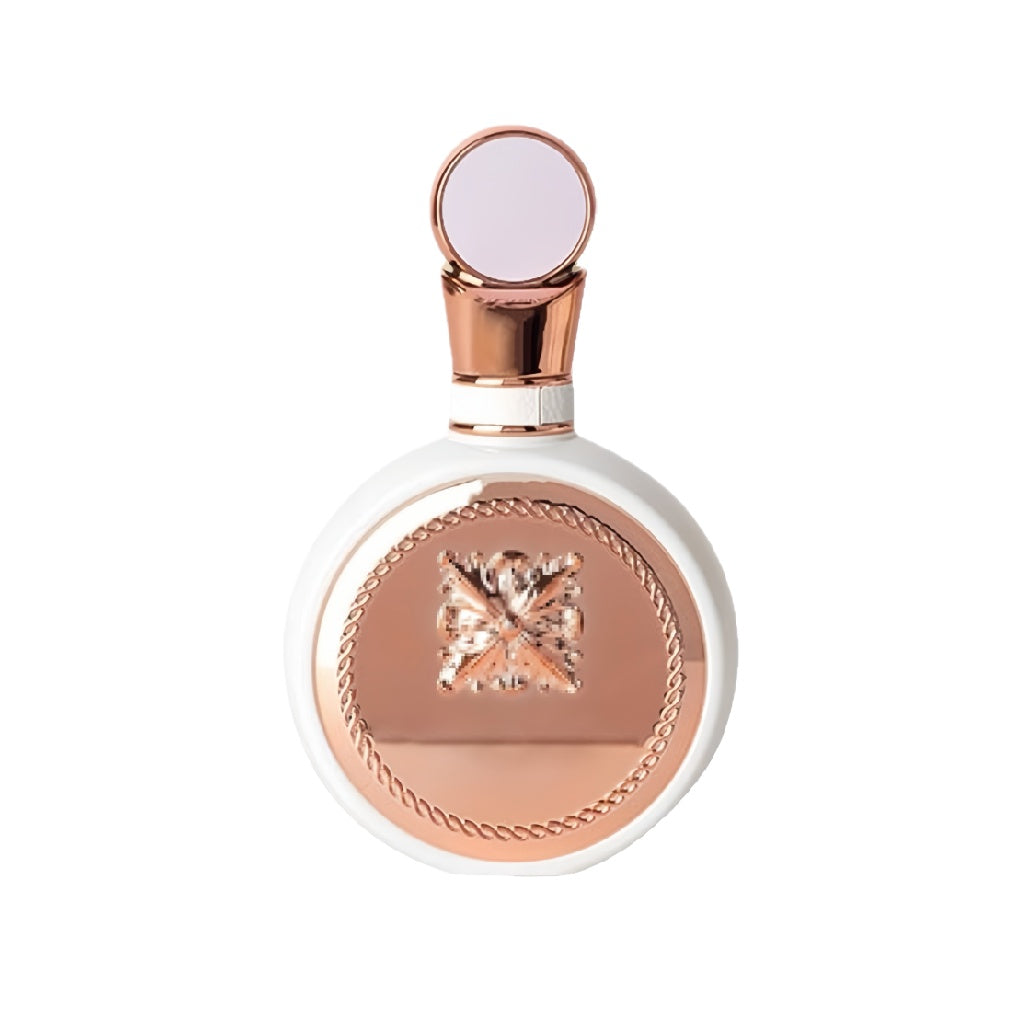 Eau de parfum élégante en flacon rond blanc et or rose – 75 ml